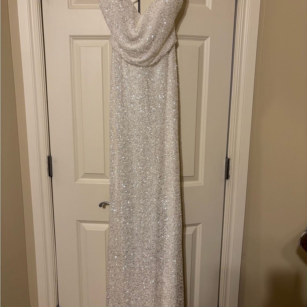La Femme White Sequin Maxi Skirt with High Thigh Slit - Picture 5 of 6